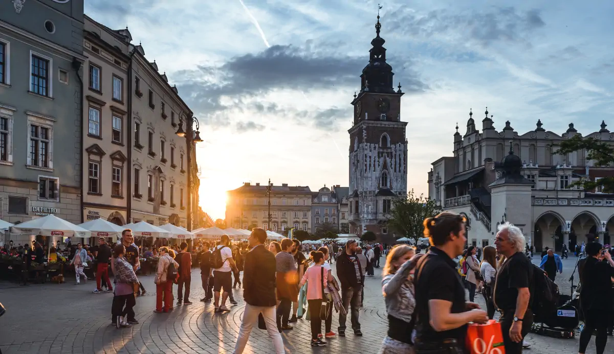 Crowds of tourists around Krakow main square