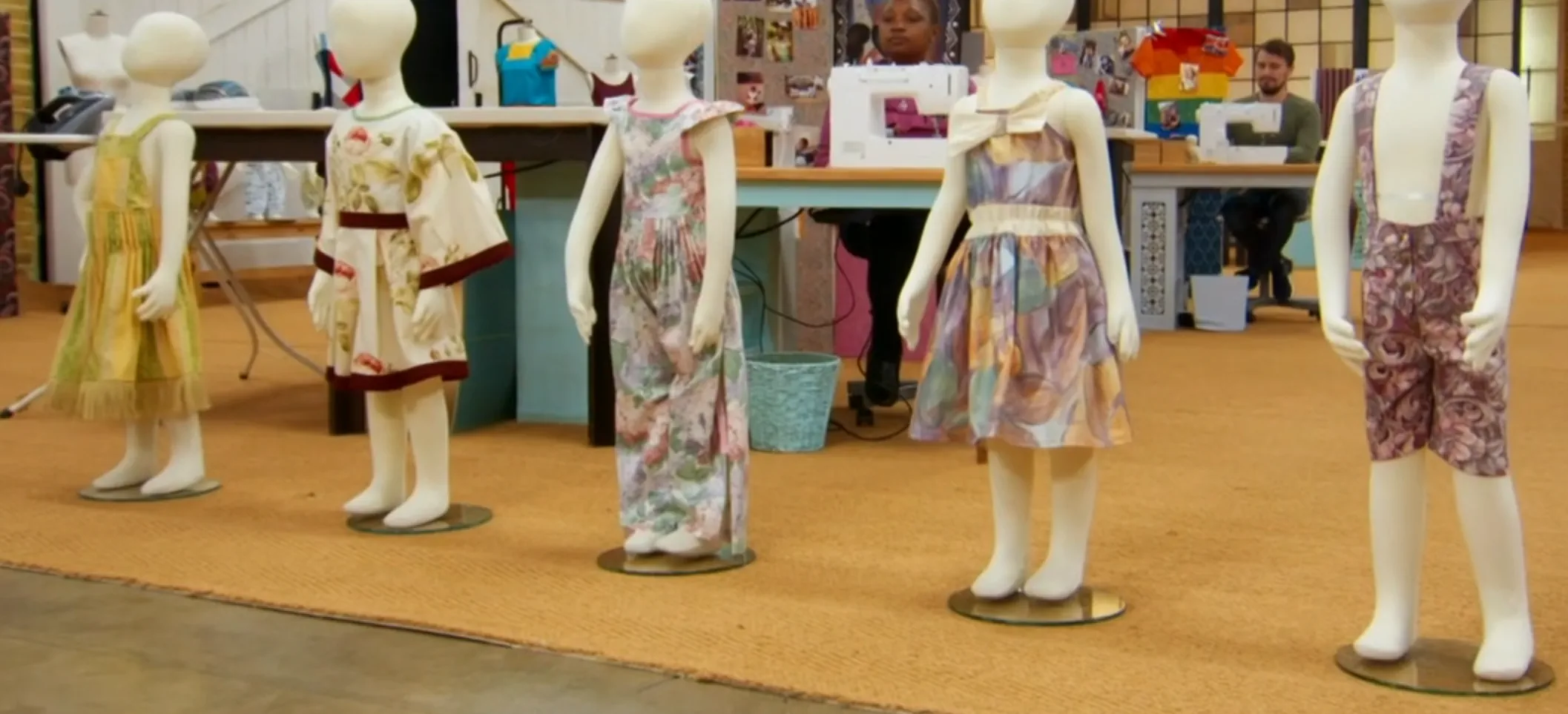 Five child's play outfits made from upcycled curtains