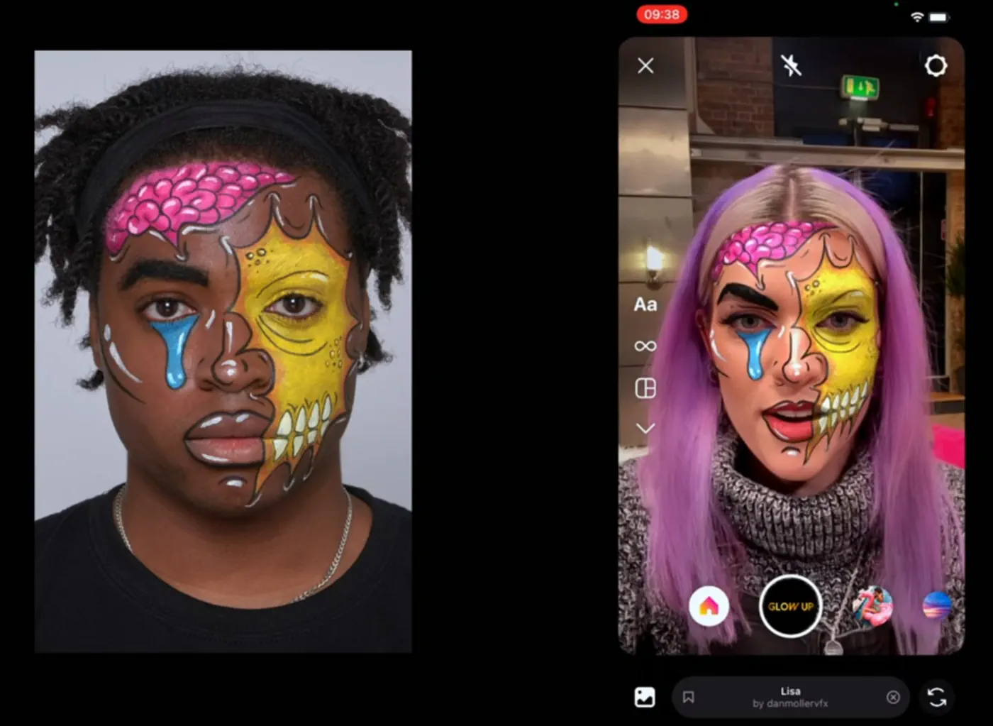Makeup look on live model alongside digital Instagram filter of same makeup
